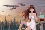  1girl bare_shoulders breasts brown_eyes brown_hair building chemise city cityscape cleavage clouds collarbone dress dusk long_hair original realistic revision ribbon science_fiction sitting sky skyscraper smile space_craft youbou 