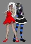  2girls black_hair book cosplay dark_skin dress facial_tattoo fire_emblem fire_emblem:_kakusei grey_background high_heels inverse_(fire_emblem) long_hair multiple_girls panty_&amp;_stocking_with_garterbelt panty_(psg) panty_(psg)_(cosplay) pantyhose red_dress red_shoes russetwing sarja shoes socks stocking_(psg) stocking_(psg)_(cosplay) striped striped_legwear tattoo tiara white_hair 