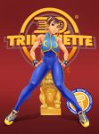  alternate_costume bodysuit brown_eyes brown_hair chinese_clothes chun-li daniel_macgregor double_bun eyeliner hair_ribbon highres makeup ribbon shoes sneakers solo spandex statue street_fighter street_fighter_zero studded_bracelet toned 