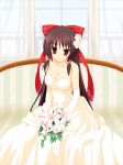  1girl blush bow breasts bride brown_hair chair cleavage dress elbow_gloves flower gloves hair_tubes hakurei_reimu kom_(1323736) long_hair red_eyes sitting smile solo touhou very_long_hair wedding_dress window 