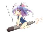  1girl chibi hair_ribbon headgear i-19_(kantai_collection) kantai_collection machinery miyako_hito open_mouth personification purple_hair red_eyes ribbon school_swimsuit sitting solo star star-shaped_pupils swimsuit symbol-shaped_pupils torpedo twintails 