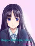  1girl akiyama_mio black_hair blue_eyes character_name happy_birthday k-on! kaoru_(shunran) long_hair ribbon school_uniform smile solo 