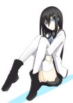  1girl black_hair blazer blue_eyes boots bow colored_shadow hair_between_eyes hair_ornament hairclip headphones headphones_around_neck kauto leg_hug long_hair looking_at_viewer original ribbon shadow simple_background skirt thighhighs white_background white_legwear zettai_ryouiki 