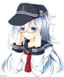  1girl bespectacled blue_eyes ginzake_(mizuumi) glasses hat hibiki_(kantai_collection) kantai_collection long_hair open_mouth personification school_uniform serafuku silver_hair solo translation_request 