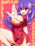  1girl bare_legs breasts china_dress chinese_clothes cleavage double_bun frame hair_bobbles hair_ornament highres laco_soregashi large_breasts long_hair looking_at_viewer open_mouth purple_hair ranma_1/2 red_eyes shampoo_(ranma_1/2) smile solo 