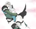  1girl artist_request bandages belt bow braid breasts chain elbow_gloves flower frills gloves hair_ornament hug kaine_(nier) lingerie long_legs negligee nier nier_(young) panties ribbon short_hair silver_hair slender_waist smile thigh_strap thighhighs underwear white_hair white_panties yellow_eyes 