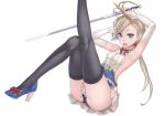  1girl armpits arms_up black_legwear black_panties blonde_hair blue_eyes detached_sleeves high_heels kneepits leg_up long_hair open_mouth original panties ray-akila simple_background skirt small_breasts solo sword thighhighs underwear weapon white_background 