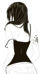  1girl back bangs black_hair camisole from_behind hair_over_eyes hair_over_shoulder hands_on_hips jeans long_hair looking_to_side monochrome moon_phases original poaro simple_background sketch smile solo strap_slip tattoo white_background 