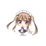  1girl blush_stickers brown_hair chibi elf gia_kon looking_at_viewer maid maid_apron maid_headdress myuseru_foaran open_mouth outbreak_company pointy_ears ribbon skirt_hold solo twintails violet_eyes 