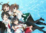  4girls ahoge aqua_eyes bare_shoulders black_eyes black_hair black_legwear blue_eyes blush boots breasts brown_eyes brown_hair detached_sleeves double_bun glasses haikichi hair_ornament hairband hairclip haruna_(kantai_collection) headgear hiei_(kantai_collection) japanese_clothes kantai_collection kirishima_(kantai_collection) kongou_(kantai_collection) lips long_hair lying multiple_girls nontraditional_miko on_stomach open_mouth pantyhose partially_submerged personification plaid short_hair sitting skirt smile thigh_boots thighhighs water 