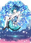  1girl 2013 blue_eyes blue_hair bow cirno dress hair_bow happy_new_year highres karlwolf looking_at_viewer pantyhose revision short_hair smile solo touhou white_legwear wings 