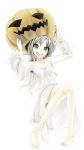  1girl arms_up barefoot borrowed_character brown_eyes character_request dress grey_hair holding_helmet legs long_hair looking_at_viewer open_mouth original pigeon-toed poaro pumpkin pumpkin_hat removing_helmet smile solo v-neck white_dress 