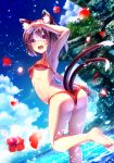  1girl :d animal_ears arm_up armpits ass barefoot bikini brown_hair cat_ears cat_tail chen fang flower hibiscus highres jewelry multiple_tails navel open_mouth red_bikini red_eyes revision ryosios shading_eyes side-tie_bikini single_earring smile solo swimsuit tail touhou water 