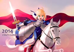  1girl 2014 :d ahoge armor armored_dress blonde_hair cape dress excalibur fate/stay_night fate_(series) faulds fur_trim gauntlets glowing glowing_sword glowing_weapon green_eyes hair_ribbon horse horseback_riding juliet_sleeves long_sleeves open_mouth puffy_sleeves ribbon saber shirotsumekusa short_hair smile sword weapon 