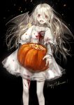  1girl bandages blood blood_in_mouth blood_stain bloody_clothes candy cotta dress fang happy_halloween highres long_hair nail_polish original pumpkin screw solo stitches wavy_hair wings 