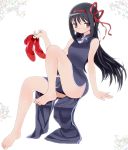  1girl akemi_homura bare_legs barefoot black_hair china_dress chinese_clothes highres juuyon long_hair mahou_shoujo_madoka_magica purple_eyes ribbon solo 