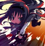  1girl akemi_homura black_hair gatling_gun gun hairband long_hair m134_minigun mahou_shoujo_madoka_magica pantyhose skirt solo violet_eyes weapon zankuro 