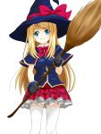  1girl amida_desuyo blonde_hair blue_eyes broom chloe_lemaire girlfriend_(kari) hat highres long_hair smile solo thighhighs white_legwear witch_hat 