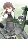  1boy 1girl a6m_zero airplane bike_shorts blush boots bow_(weapon) breastplate brown_eyes brown_hair crossbow flat_chest hat headband headgear hibiki_(pixiv231666) jacket kantai_collection miniboy pants personification pleated_skirt salute short_hair shorts_under_skirt skirt smile taihou_(kantai_collection) thigh_boots thighhighs weapon 