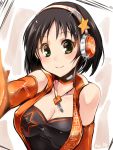  1girl artist_name bare_shoulders black_hair blush breasts cleavage collarbone elbow_gloves glint gloves green_eyes harada_miyo headset highres idolmaster idolmaster_cinderella_girls jewelry key looking_at_viewer necklace orange_gloves paopao short_hair smile solo star taut_clothes 