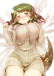  1girl animal_ears blush breasts danbo_(rock_clime) green_eyes green_hair highres kasodani_kyouko large_breasts looking_at_viewer lying naked_sweater on_back open_mouth ribbed_sweater short_hair solo sweater tail touhou 
