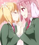  2girls blonde_hair drooling hair_ornament highres incipient_kiss interlocked_fingers multiple_girls pink_eyes pink_hair sakura_trick school_uniform sonoda_yuu takayama_haruka yuri 