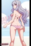  1girl ass bikini breasts character_name dimples_of_venus from_behind hairband idolmaster long_hair pink_eyes revision shijou_takane shiny shiny_skin sideboob silver_hair smile solo spikewible swimsuit windowboxed 