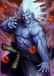  1boy aura beads blue_skin fangs hakuga_(haru-akira) highres horns kuruoshiki_oni muscle no_pupils red_eyes shirtless solo street_fighter street_fighter_iv white_hair 