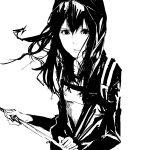  bisuka black_hair highres hood hoodie karasuma_kyouko karasuma_kyouko_no_jikenbo looking_at_viewer monochrome sketch sword weapon 