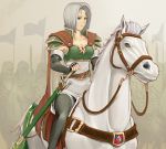  1girl amalda armor breastplate breasts bridle cape cleavage elbow_gloves fingerless_gloves fire_emblem fire_emblem:_thracia_776 gloves green_eyes grey_hair horse pauldrons reins riding saygo_halo sheath sheathed solo sword thighhighs weapon 
