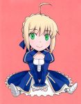 1girl ahoge blonde_hair braid chibi cleavage_cutout corset dress fate/stay_night fate_(series) french_braid greaves green_eyes long_sleeves puffy_long_sleeves puffy_sleeves saber shirotsumekusa short_hair sitting smile solo v_arms 