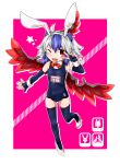  1girl ahoge black_legwear blue_hair blush byourou elbow_gloves gloves head_wings highres horns multicolored_hair one-piece_swimsuit red_eyes short_hair silver_hair smile solo swimsuit thighhighs tokiko_(touhou) touhou two-tone_hair v_over_eye wings wink wrist_cuffs 