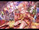  1girl alternate_costume blonde_hair bow flandre_scarlet flower japanese_clothes kimono lantern letterboxed long_hair off_shoulder red_eyes revision side_ponytail solo torino_akua touhou wings yukata 