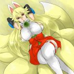  1girl animal_ears arms_up blonde_hair breasts crossed_legs elbow_gloves fox_ears fox_tail gloves huge_breasts long_hair looking_at_viewer multiple_tails parted_lips red_eyes shinrabanshou sideboob sitting solo soranosuke tail thighhighs white_legwear 