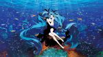  1girl barefoot bubble dress feet fish haruyo_(imokenp) hatsune_miku highres long_hair revision shinkai_shoujo_(vocaloid) smile solo twintails underwater very_long_hair vocaloid 