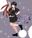  1girl aoshima asymmetrical_wings bust hand_on_hip highres houjuu_nue midriff red_eyes school_uniform shoes skirt smile solo sparkle touhou waving wings wink 