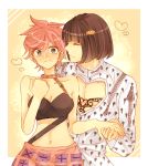  1boy 1girl black_hair blush bruno_bucciarati green_eyes hetero jojo_no_kimyou_na_bouken midriff pink_hair short_hair toka_(toka35) trish_una 