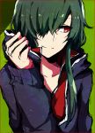  1girl green_hair hair_over_one_eye hand_on_own_face hoodie kagerou_project kido_tsubomi long_hair red_eyes ringomaru smile solo 