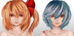  2girls aru16 bare_shoulders blonde_hair blue_hair bust collarbone eyelashes fang_out fangs fingernails flandre_scarlet gradient gradient_background hair_ribbon hand_on_own_shoulder highres lips looking_at_viewer multiple_girls nail_polish parted_lips red_eyes remilia_scarlet ribbon sharp_fingernails short_hair siblings side_ponytail simple_background sisters slit_pupils touhou 