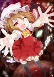  1girl black_legwear blonde_hair blood blush bowtie flandre_scarlet hat highres open_mouth outstretched_arms outstretched_hand ra_i red_eyes side_ponytail smile solo thighhighs touhou wings wink 