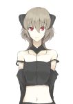  1girl blonde_hair detached_collar detached_sleeves hair_between_eyes highres horns kauto long_hair looking_at_viewer midriff navel open_mouth original red_eyes rough simple_background tank_top white_background 