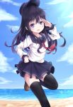  1girl akatsuki_(kantai_collection) beach black_hair black_legwear blue_eyes flat_cap hat kantai_collection leg_up long_hair nikkunemu ocean open_mouth personification salute sand school_uniform serafuku skirt smile solo standing_on_one_leg thighhighs 