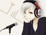  1girl bangs black_shirt celtic_knot chin_rest collarbone female headphones hoodie lips long_hair long_sleeves looking_at_viewer microphone microphone_stand orange_eyes original parted_lips poaro ponytail signal_bar simple_background smile solo symbol white_hair zipper 