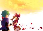  1boy 1girl bandana bike_shorts blue_eyes blush brown_hair cloudy_sky couple gloves green_eyes green_hair haruka_(pokemon) holding_hands jacket petals pokemon rose_petals sekka_koyori short_hair shorts_under_skirt shuu_(pokemon) smile sunset 