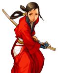  1girl battoujutsu_stance black_hair capcom_vs_snk_2 fighting_stance hair_rings hakama hand_on_hilt japanese_clothes katana kimono kote last_blade long_hair nishimura_kinu official_art sheath solo sword takane_hibiki twintails unsheathing weapon 