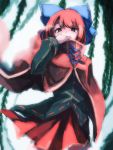  1girl arm_up azuki-taste cape covering covering_mouth hair_ribbon highres long_sleeves looking_at_viewer looking_down plant red_eyes redhead ribbon sekibanki shirt short_hair skirt solo touhou 