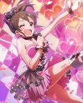  1girl ;d artist_request blue_eyes bracelet brown_hair confetti hair_ribbon idolmaster idolmaster_million_live! jewelry looking_at_viewer microphone official_art open_mouth ponytail ribbon satake_minako signature skirt smile wink 