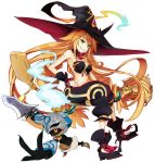  1girl blonde_hair boots bow bra breasts broom cleavage electricity green_eyes grin hat long_hair majo_to_hyakkihei metallica_(swamp_witch) minatsuki_randoseru monster pants revision ribbon sharp_teeth slit_pupils smile sword tattoo underwear weapon witch_hat 