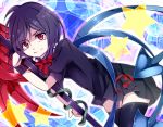  1girl aru16 asymmetrical_wings black_dress black_hair dress houjuu_nue leaning_over looking_at_viewer multicolored_background red_eyes ribbon short_hair smile snake solo star thighhighs touhou wings wrist_cuffs zettai_ryouiki 