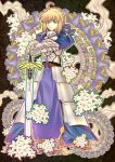  1girl absurdres ahoge armor armored_dress blonde_hair dress excalibur fate/stay_night fate_(series) faulds flower gauntlets green_eyes hair_ribbon halodark highres outline planted_sword planted_weapon ribbon saber solo sword weapon 